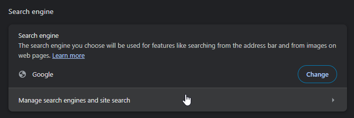 Chrome Manage Search Engines Button