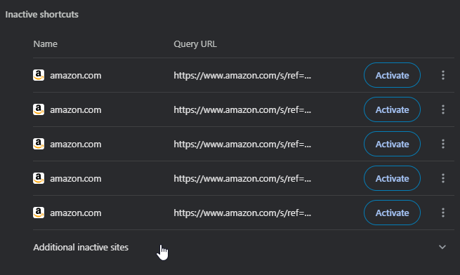 Chrome Inactive Shortcuts Section