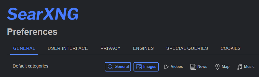 SearXNG Default Categories Settings