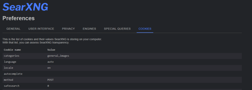 SearXNG Cookies List