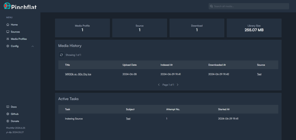 Pinchflat Home Page with Indexed Content