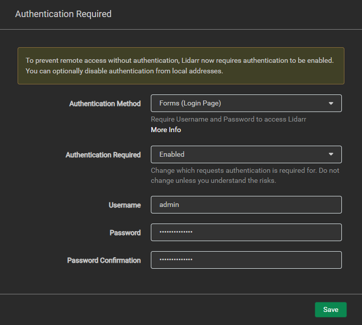 Lidarr Authentication Setup