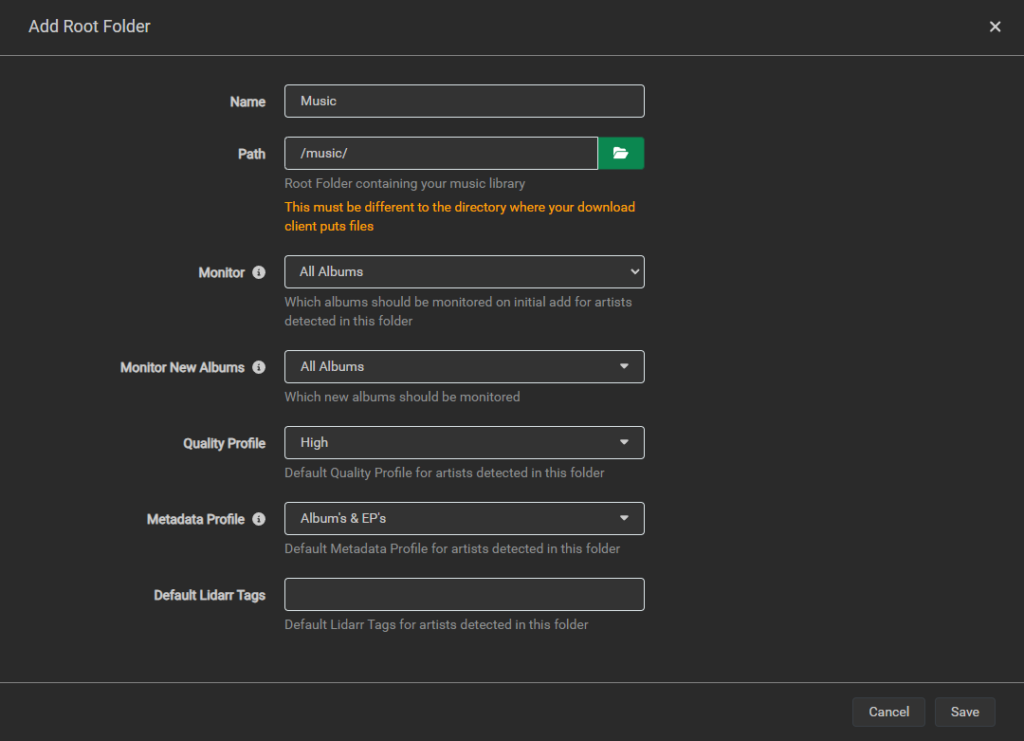 Lidarr Root Folder Configuration