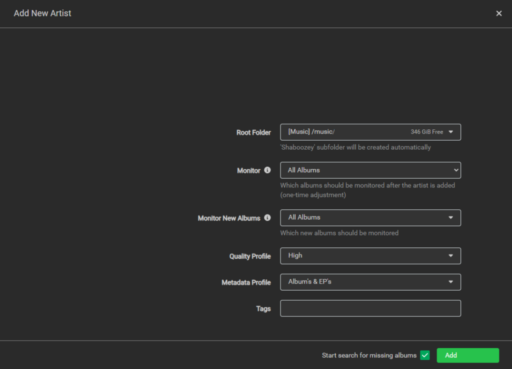 Lidarr Add Artist Profile Configuration