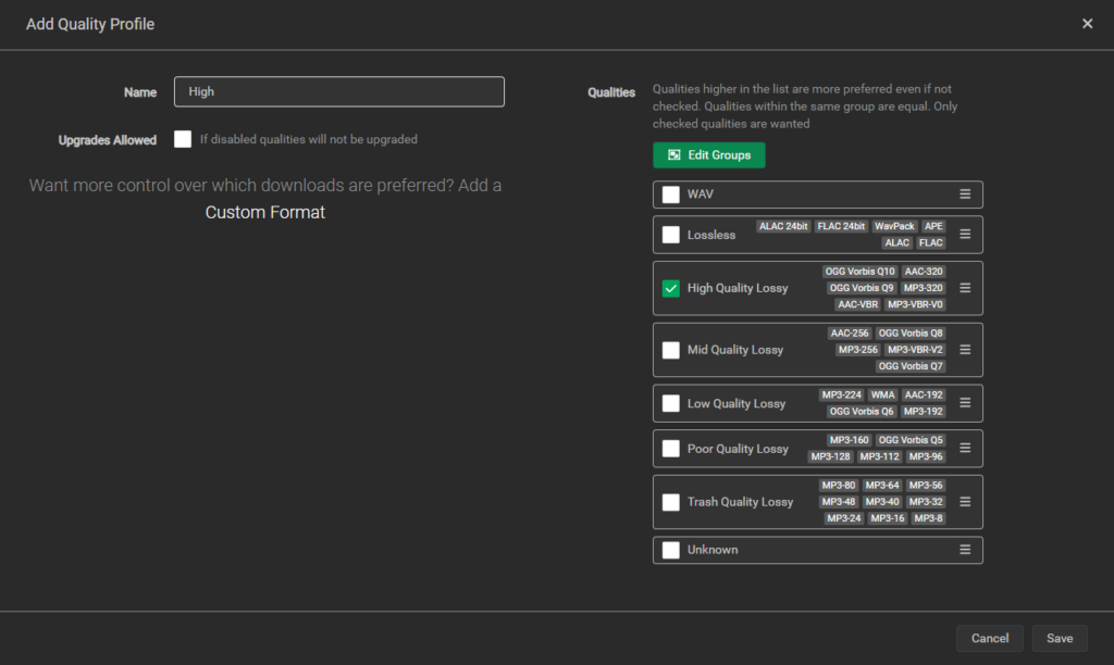 Lidarr Quality Profile High Configuration
