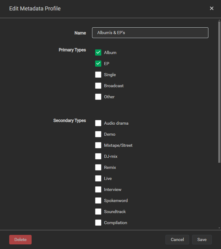 Lidarr Metadata Profile Albums and EPs Part 1