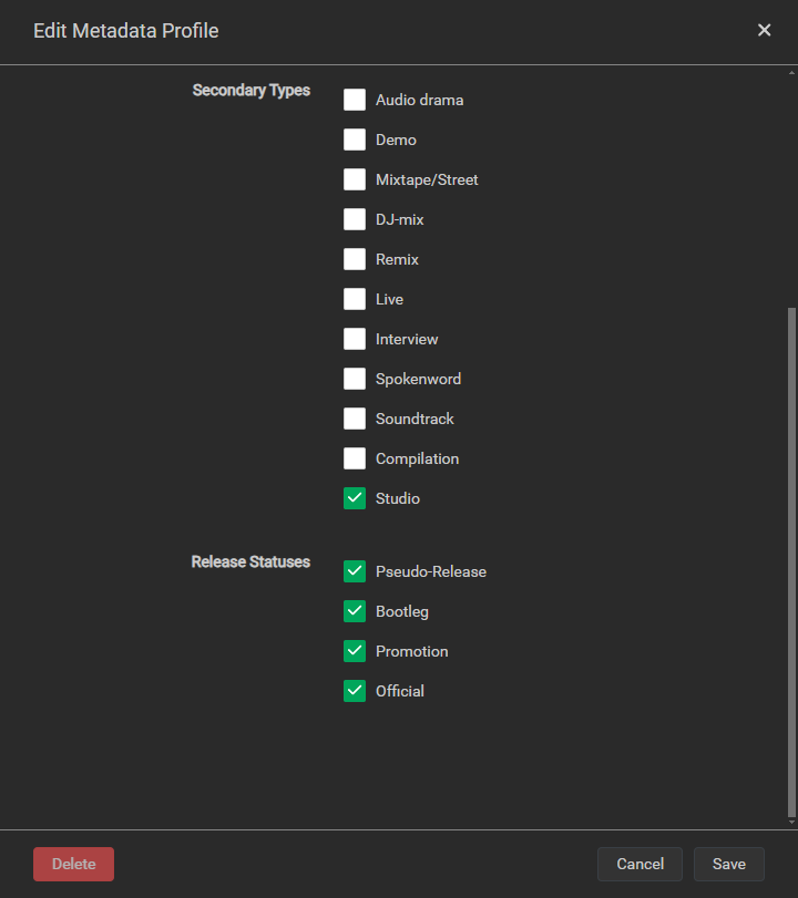 Lidarr Metadata Profile Albums and EPs Part 2