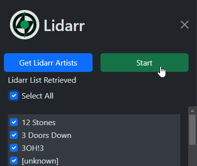 Lidify Select Artists and Start