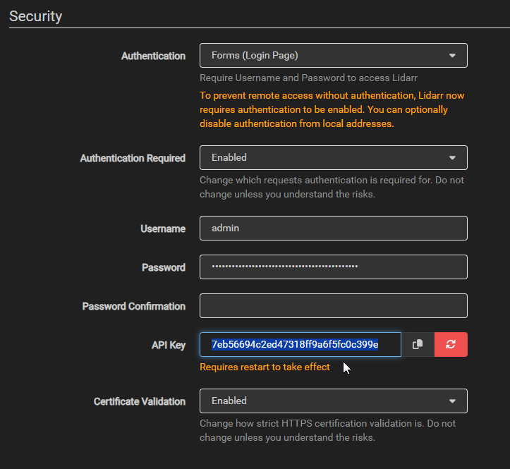 Lidarr API Key in Security Section
