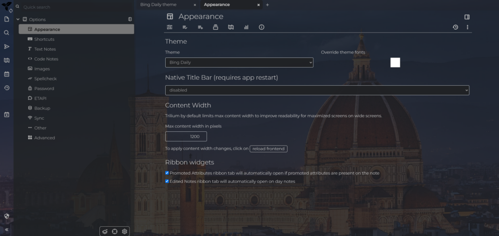 Trilium Bing Daily Theme Applied