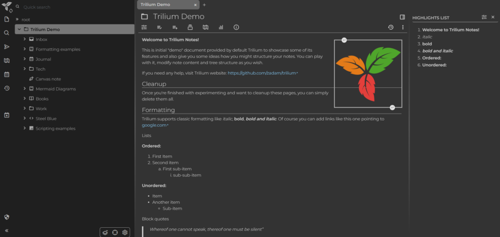 Trilium Demo Notes Overview