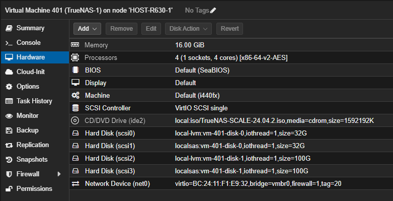 Proxmox TrueNAS VM Hardware Configuration