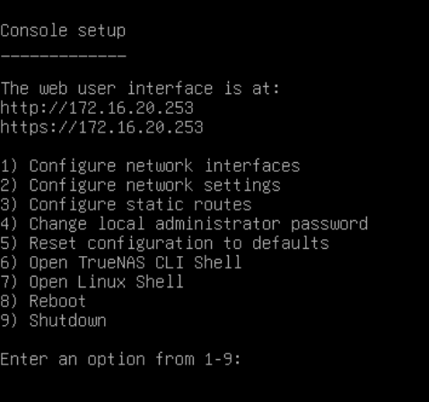 TrueNAS Console Options Menu