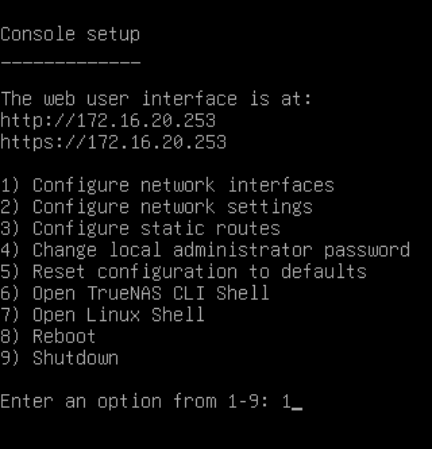 TrueNAS Console Configure Network Interfaces