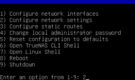 TrueNAS Console Network Configuration Menu