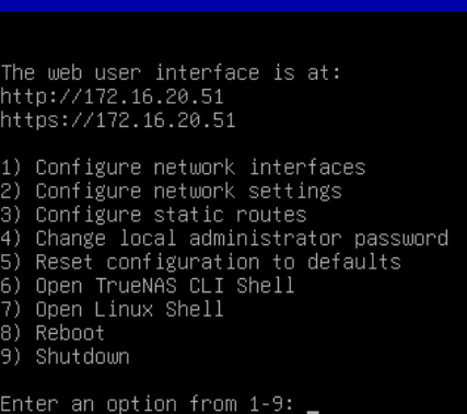 TrueNAS Console with New IP Address