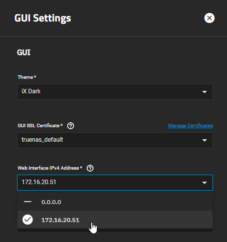 TrueNAS GUI Web Interface IP Configuration