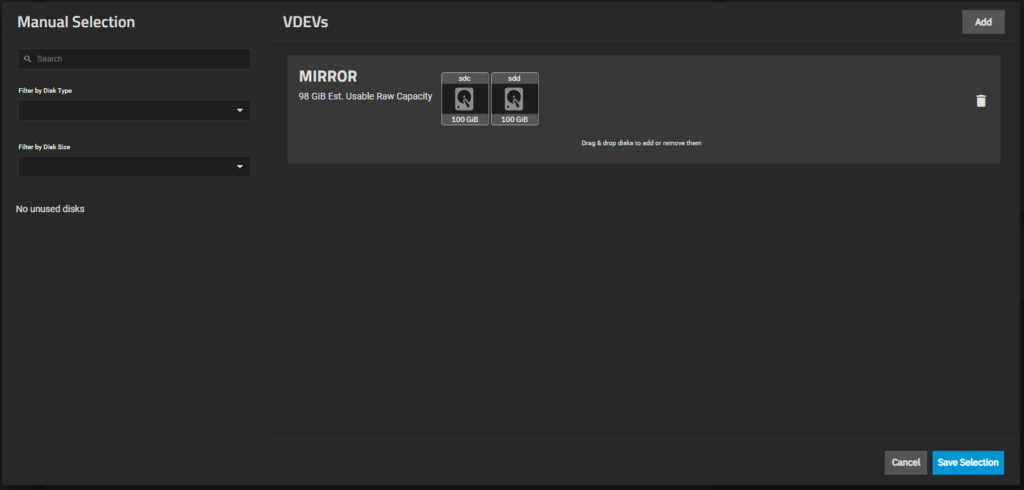 TrueNAS Manual Disk Selection VDEVs