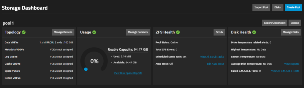 TrueNAS Storage Dashboard with New Pool