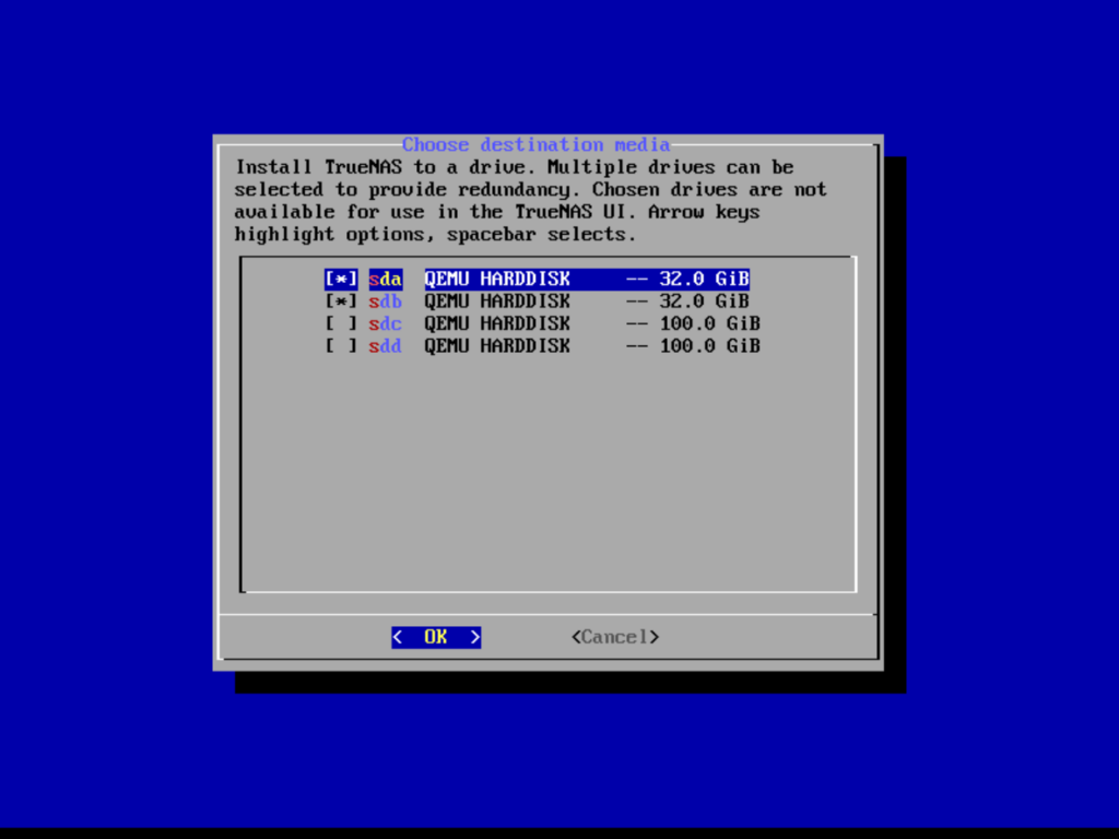 TrueNAS Choose Destination Media