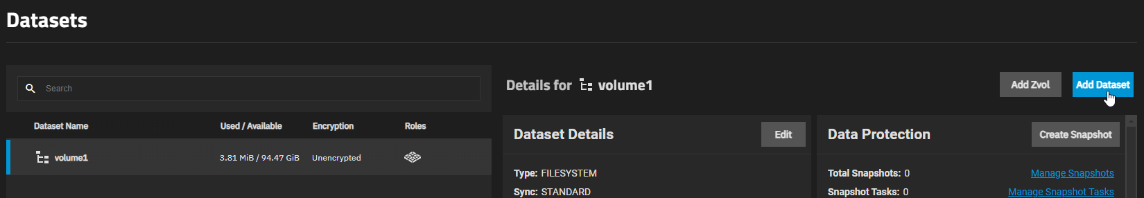TrueNAS Add Dataset Button