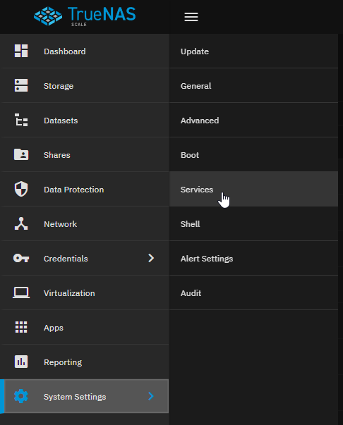 TrueNAS System Settings Services Menu