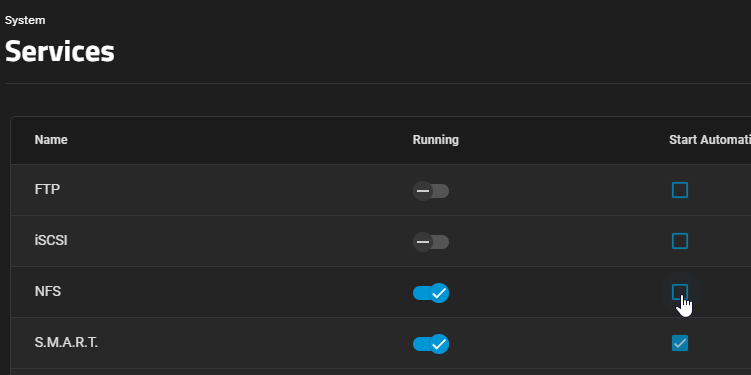TrueNAS NFS Start Automatically Checkbox