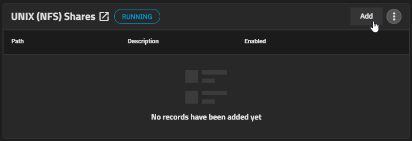 TrueNAS NFS Service Running and Add Button