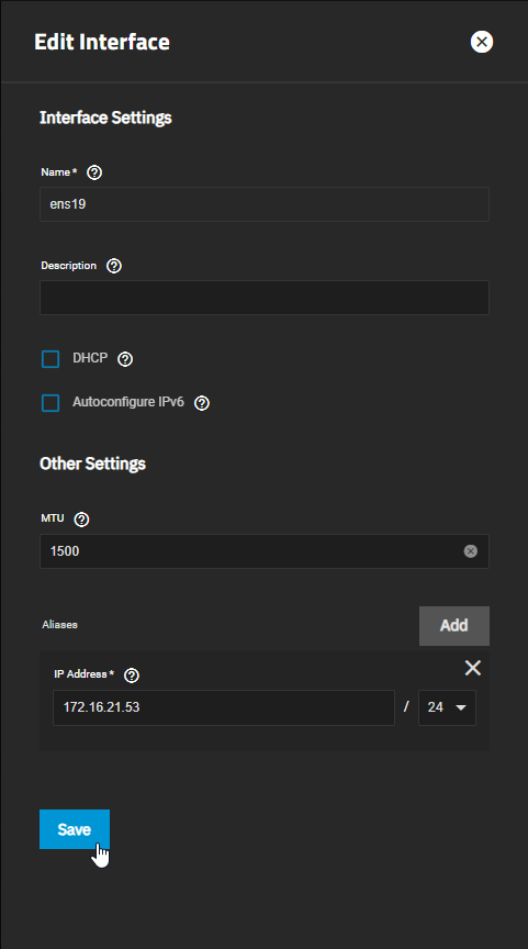 TrueNAS Network Interface Static IP Configuration