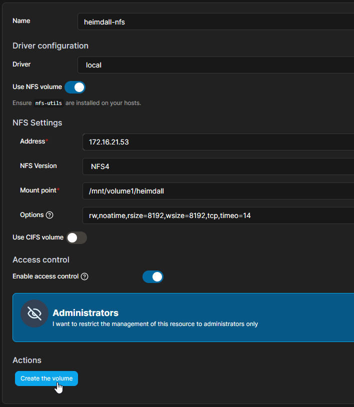 Portainer NFS Volume Settings Configuration