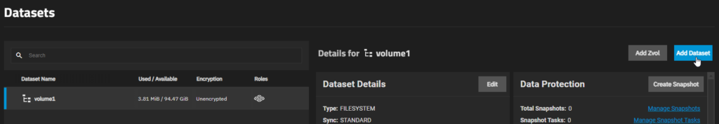 TrueNAS Add Dataset Button