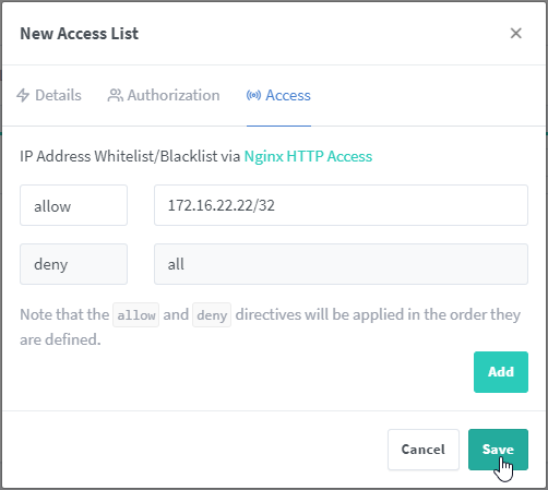 Nginx Proxy Manager Access List IP Configuration