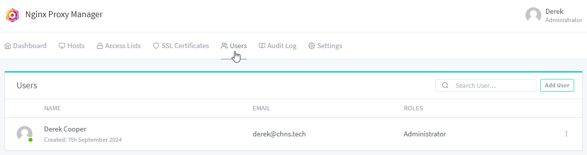 Nginx Proxy Manager Users Page