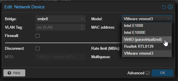 Proxmox Network Interface VirtIO Configuration