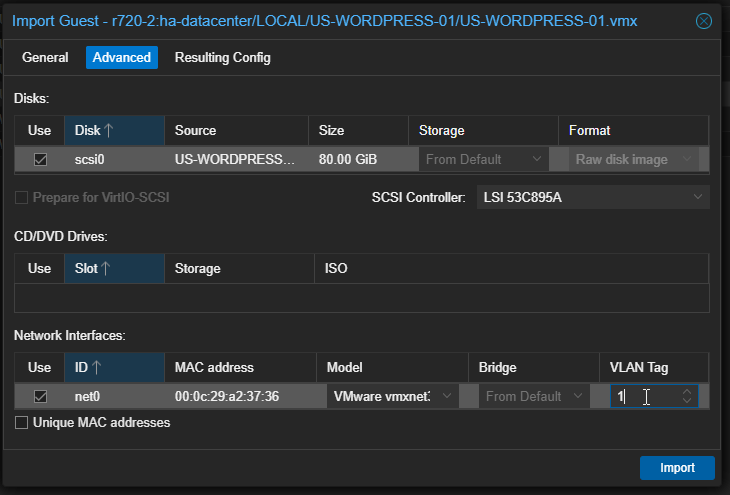 Proxmox Import Advanced VLAN Settings