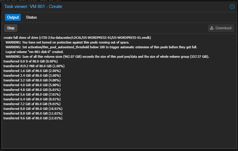 Proxmox VM Import Transfer Progress