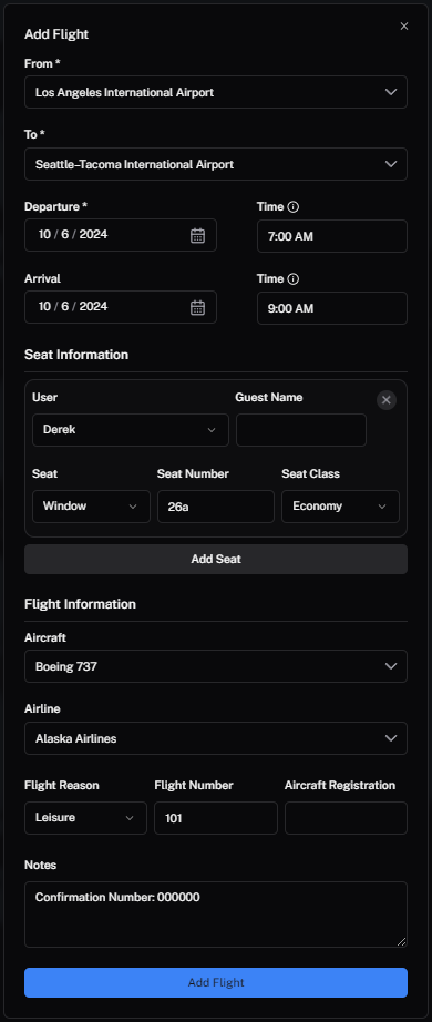 AirTrail Add Flight Form