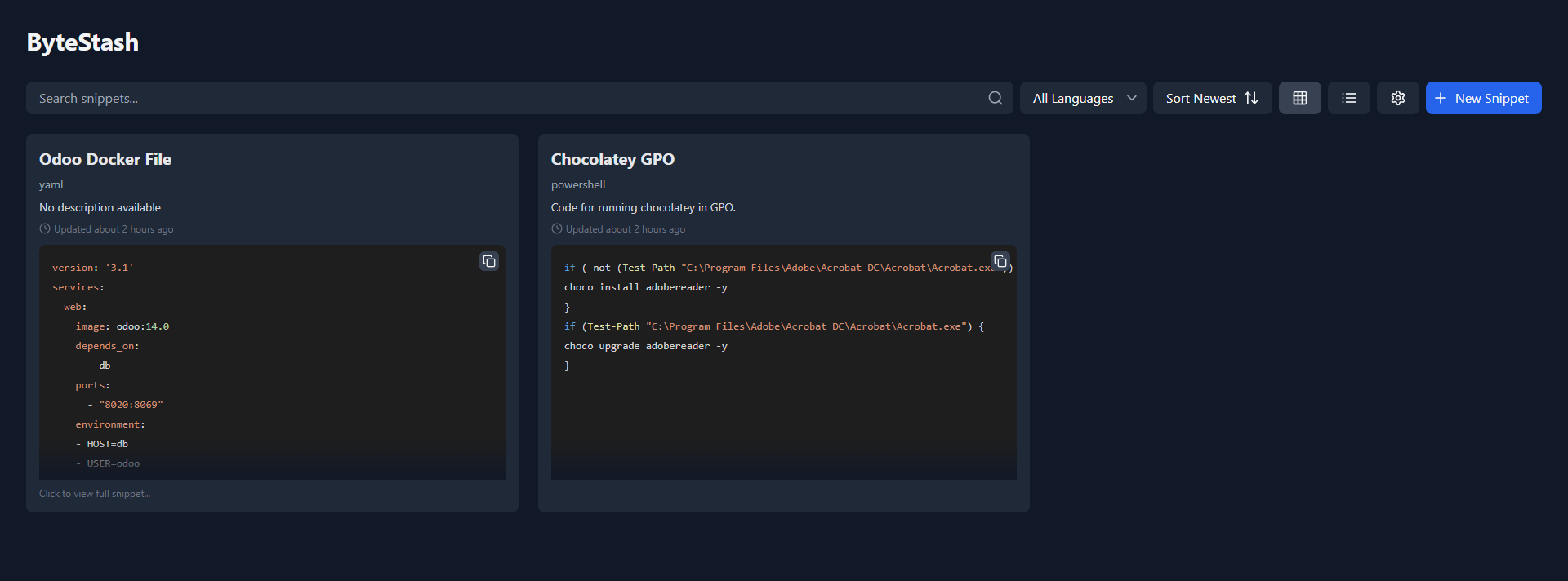 ByteStash Snippet List with Search