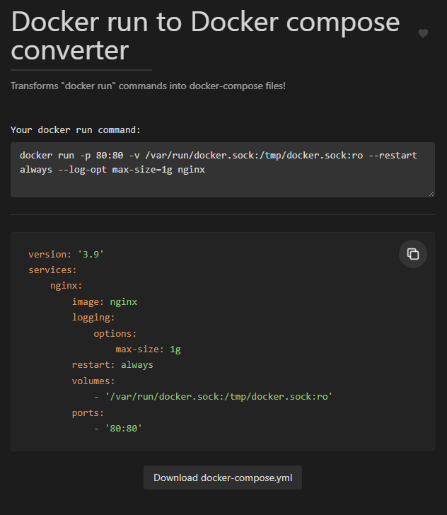 Docker Run to Docker Compose converter tool in use