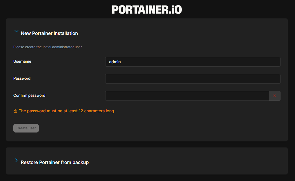 Portainer initial setup screen