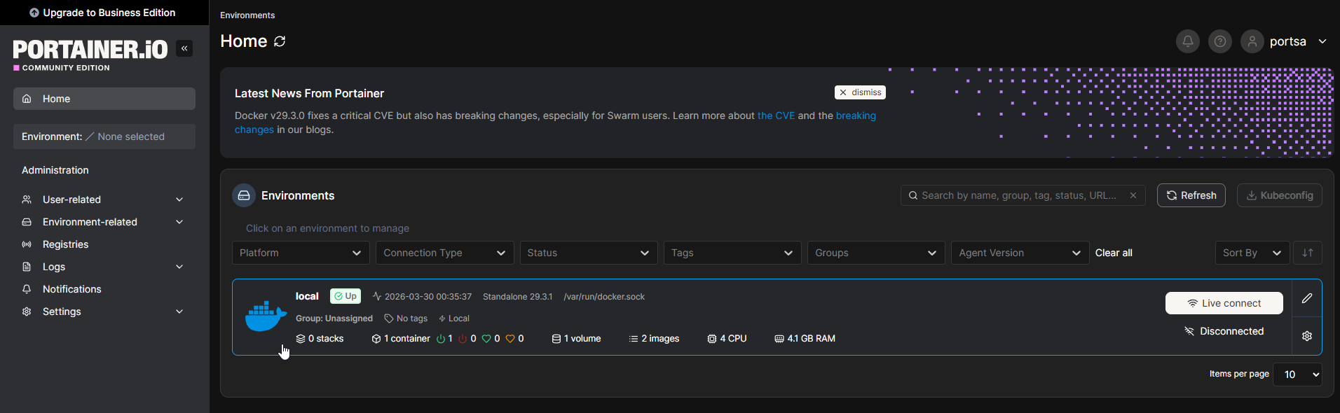 Portainer environment selection