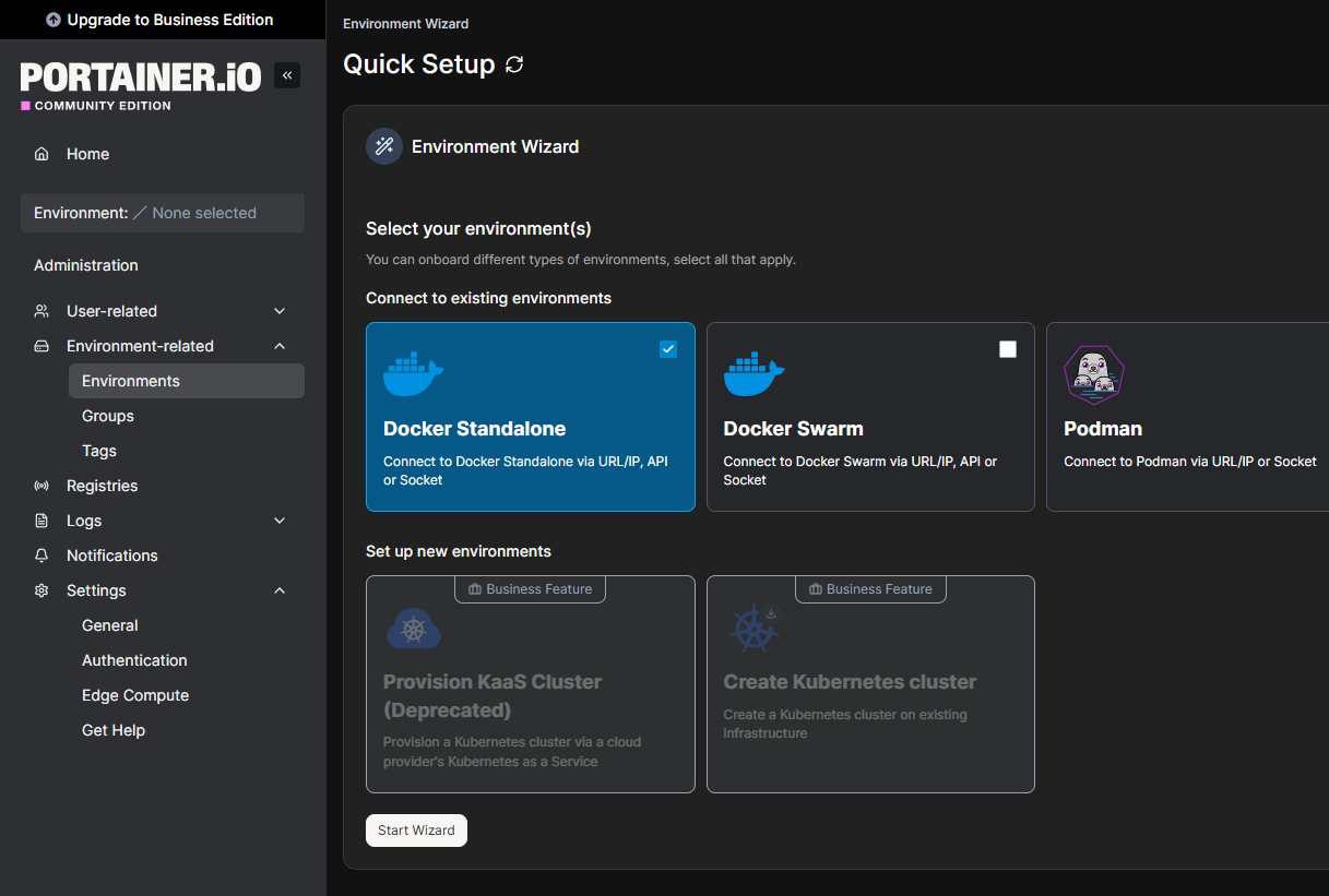 Portainer add environment screen