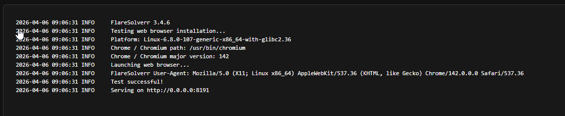 FlareSolverr container logs showing successful startup