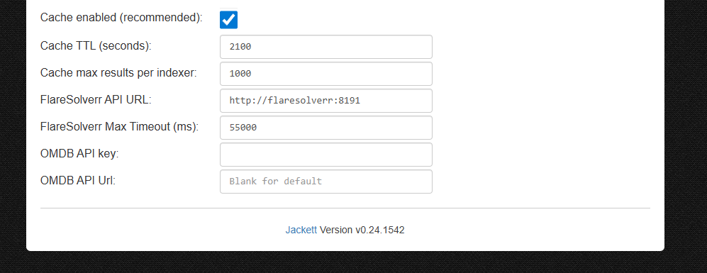 Jackett settings page with FlareSolverr API URL filled in