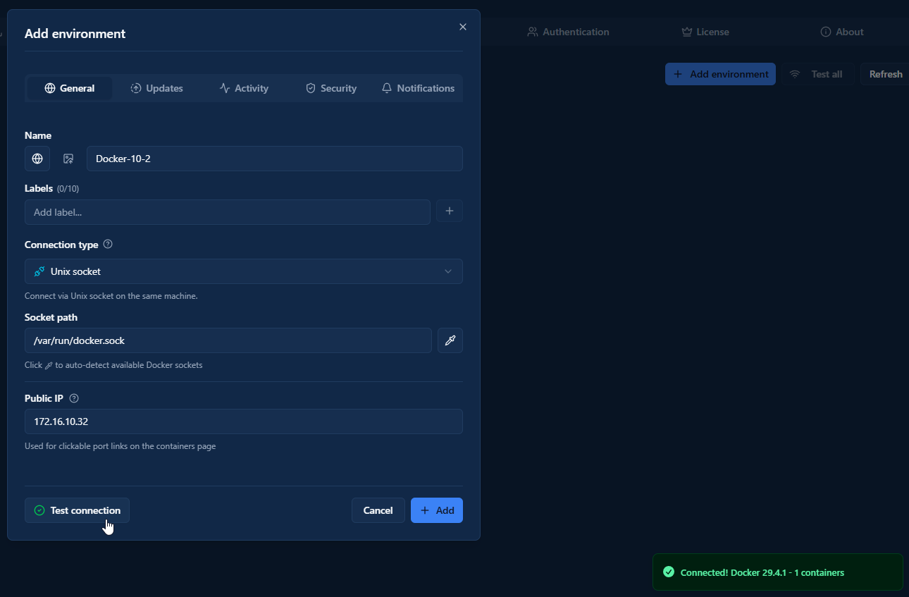 Dockhand add environment modal