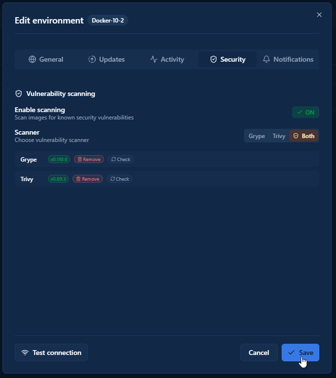 Dockhand environment security tab with Grype and Trivy installed