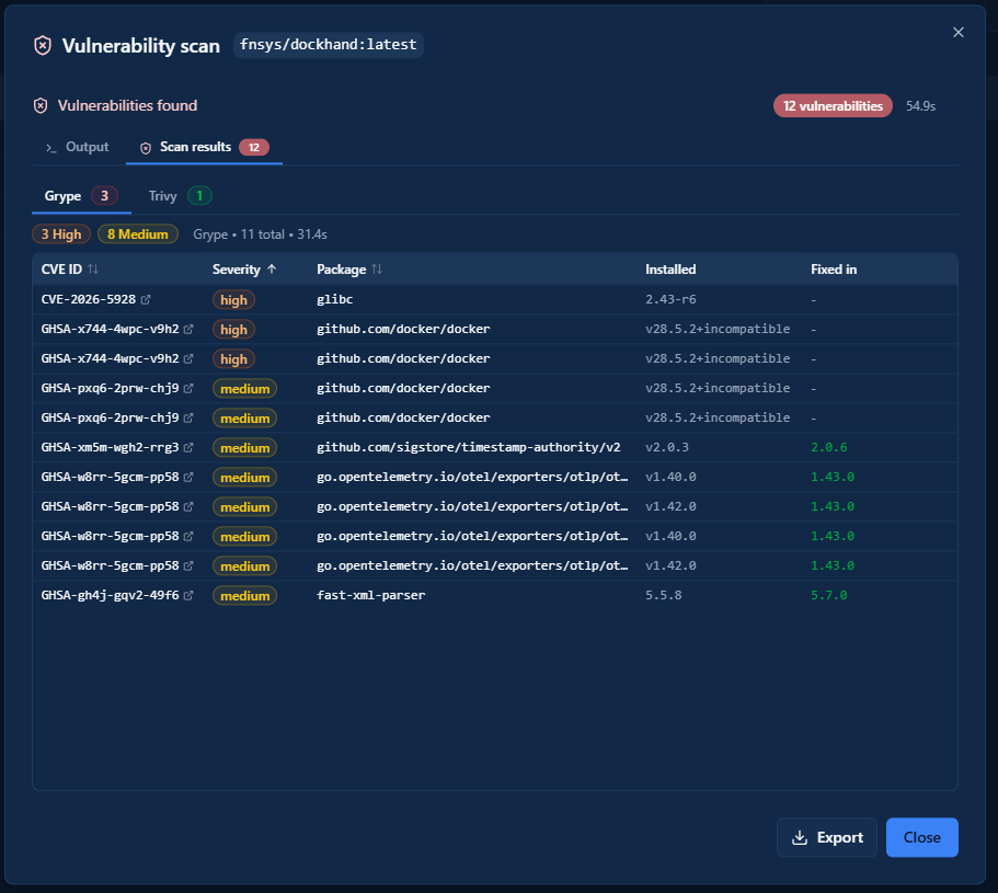 Dockhand vulnerability scan results