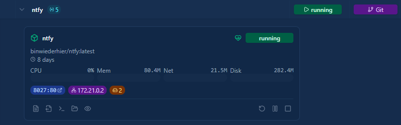 Dockhand showing Ntfy container running