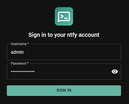Ntfy web UI login screen