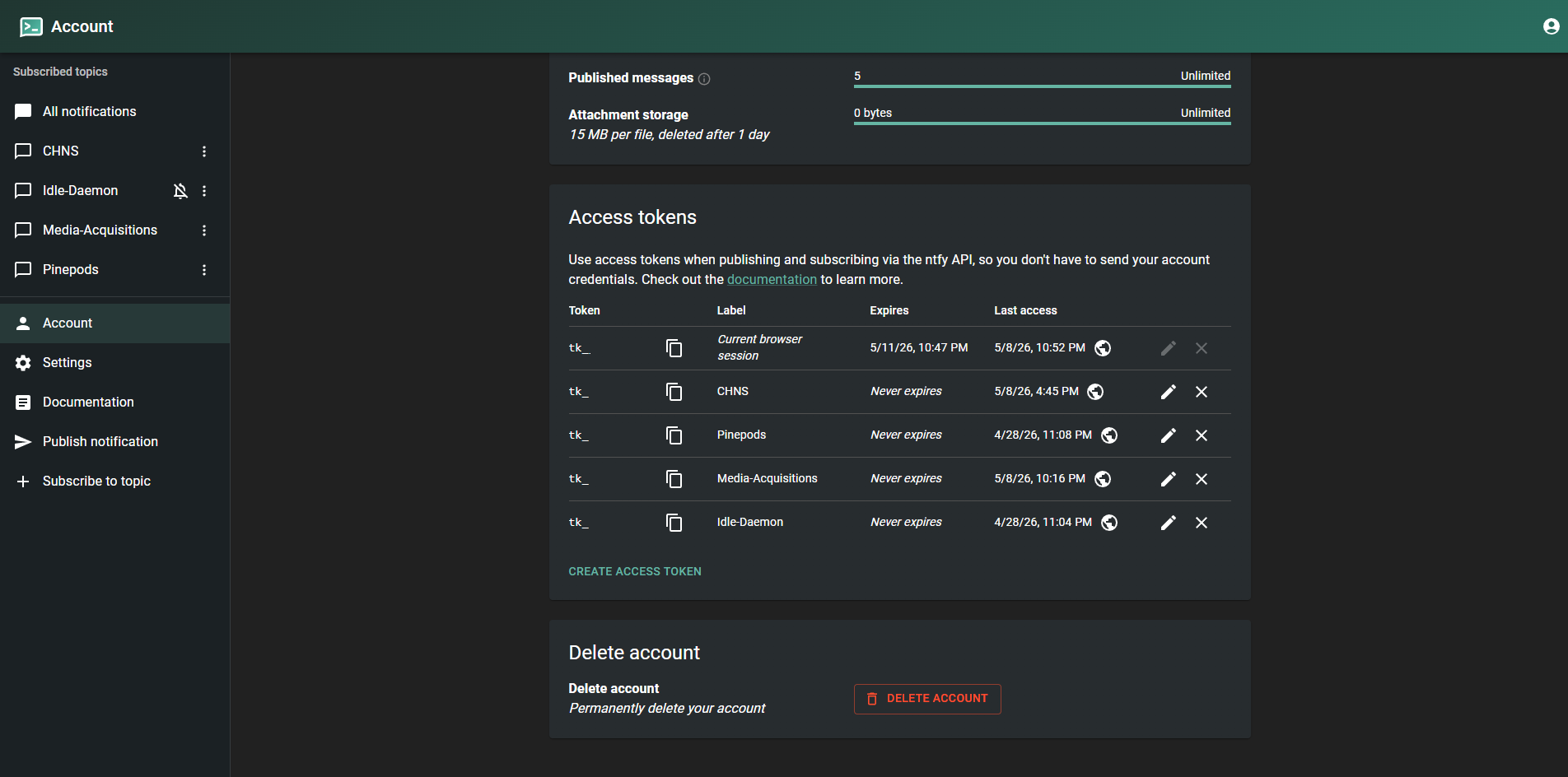 Ntfy Access Tokens page in the web UI